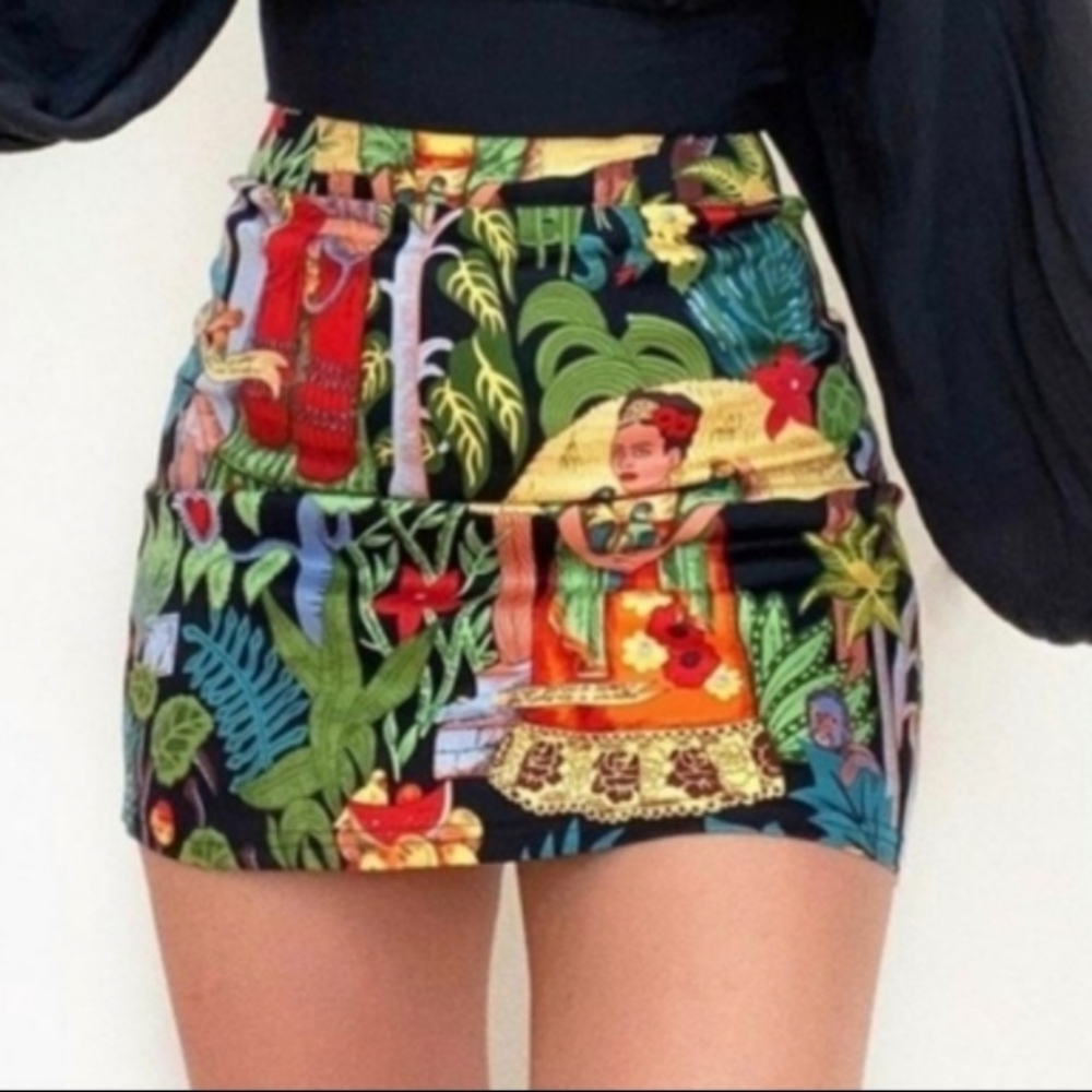 Kameli Mini Skirt Floral Tropical Art Frida Kahlo Boho